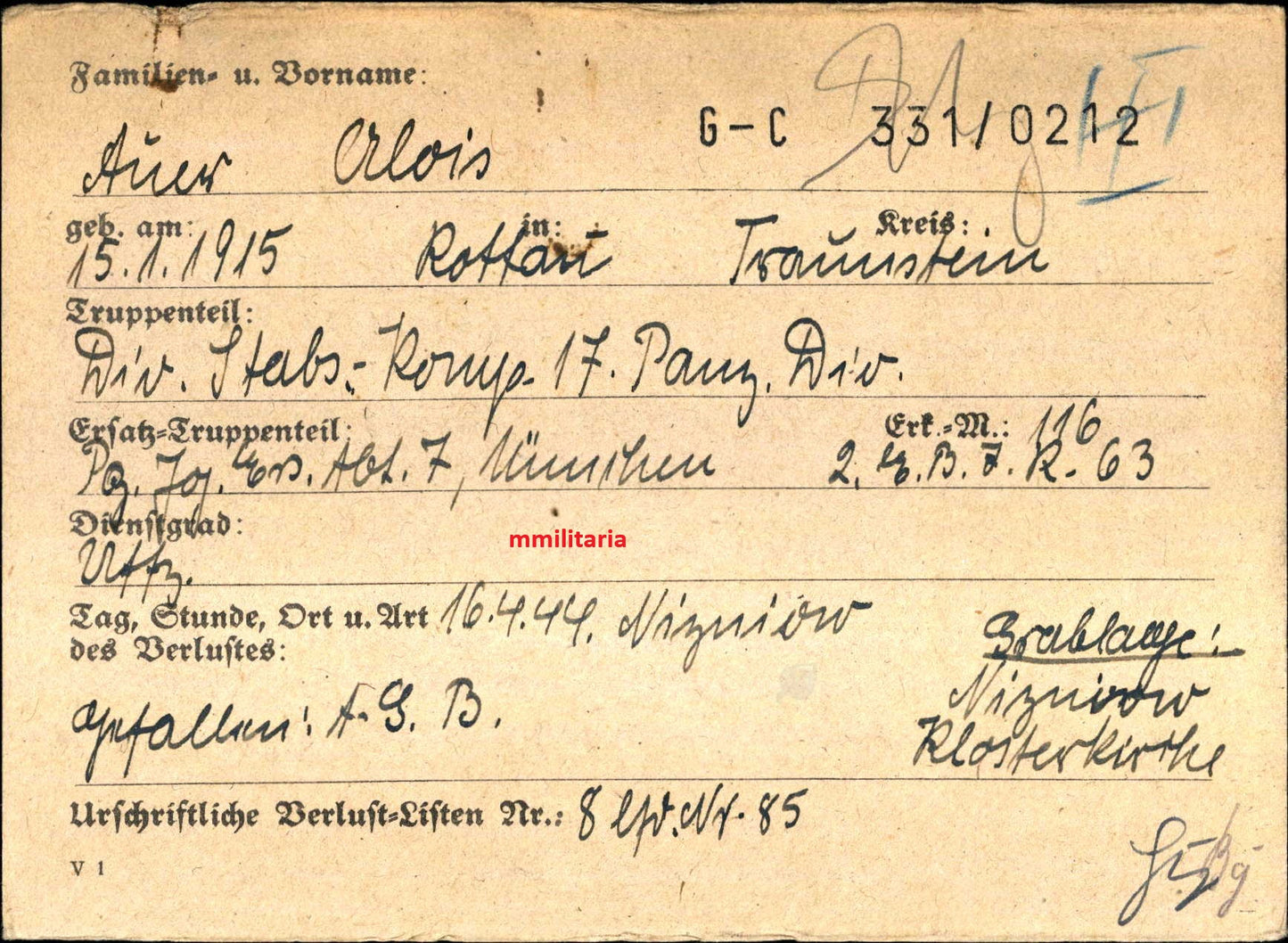 Sterbebild Unteroffizier Rottau Stab 17. Panzer-Division Galizien Nizinow Polen