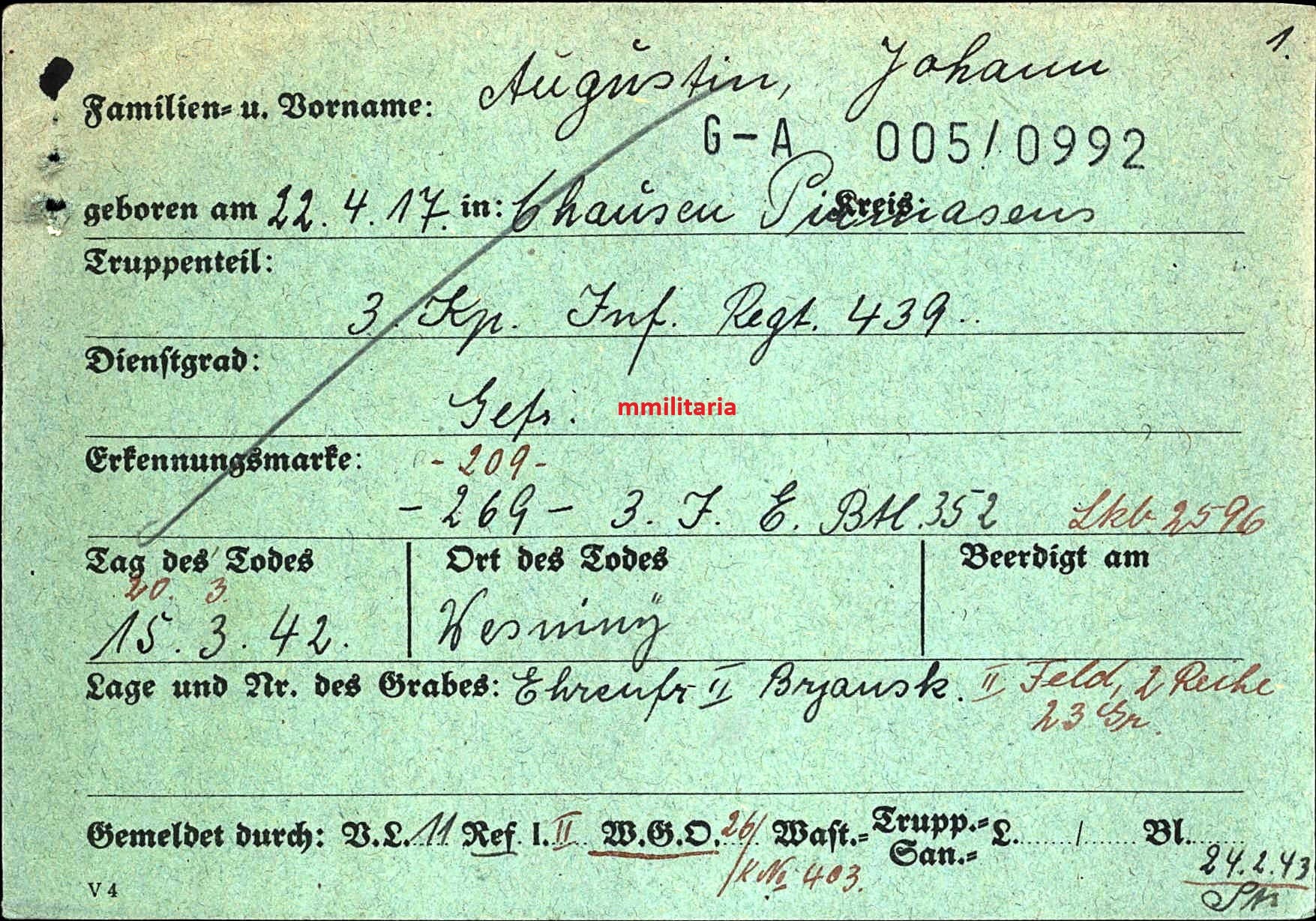 Sterbebild Gefreiter Clausen 3. Komp. Inf. Regt.439 Brjansk Russland - www.mmilitaria.com