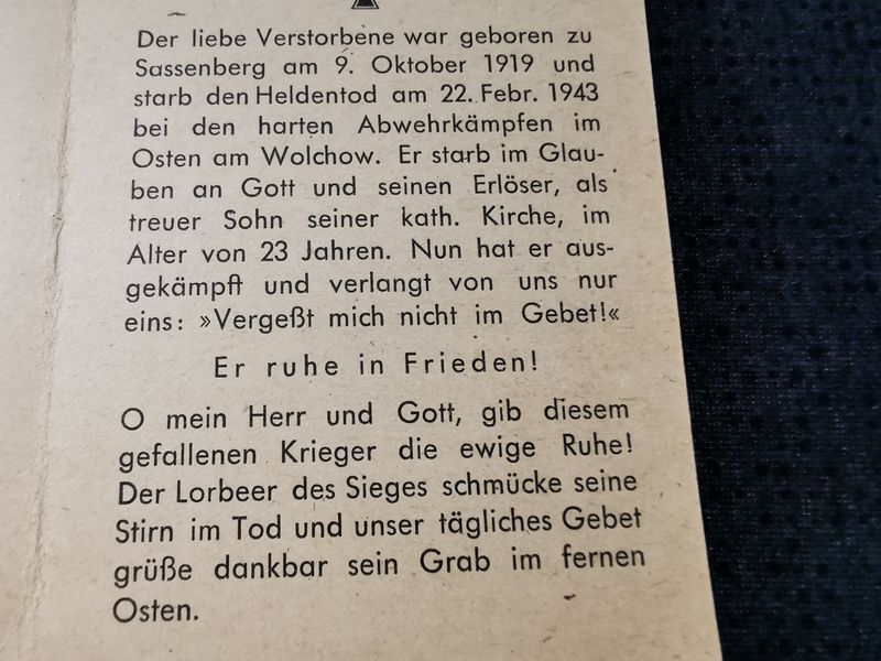 Sterbebild Unteroffizier 2. Komp. Lw. Jäger Regt. 25 schwere Abwehrkämpfe Wolchow Nowgorod Russland