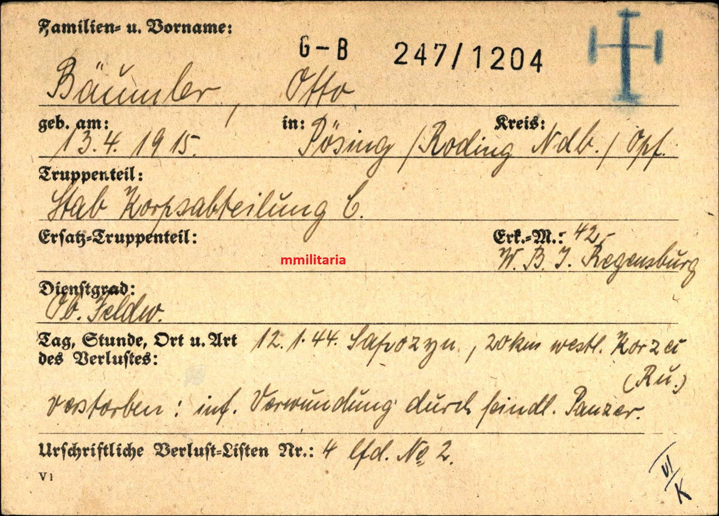 Sterbebild Oberfeldwebel Pösing Stab Korpsabteilung C Osten