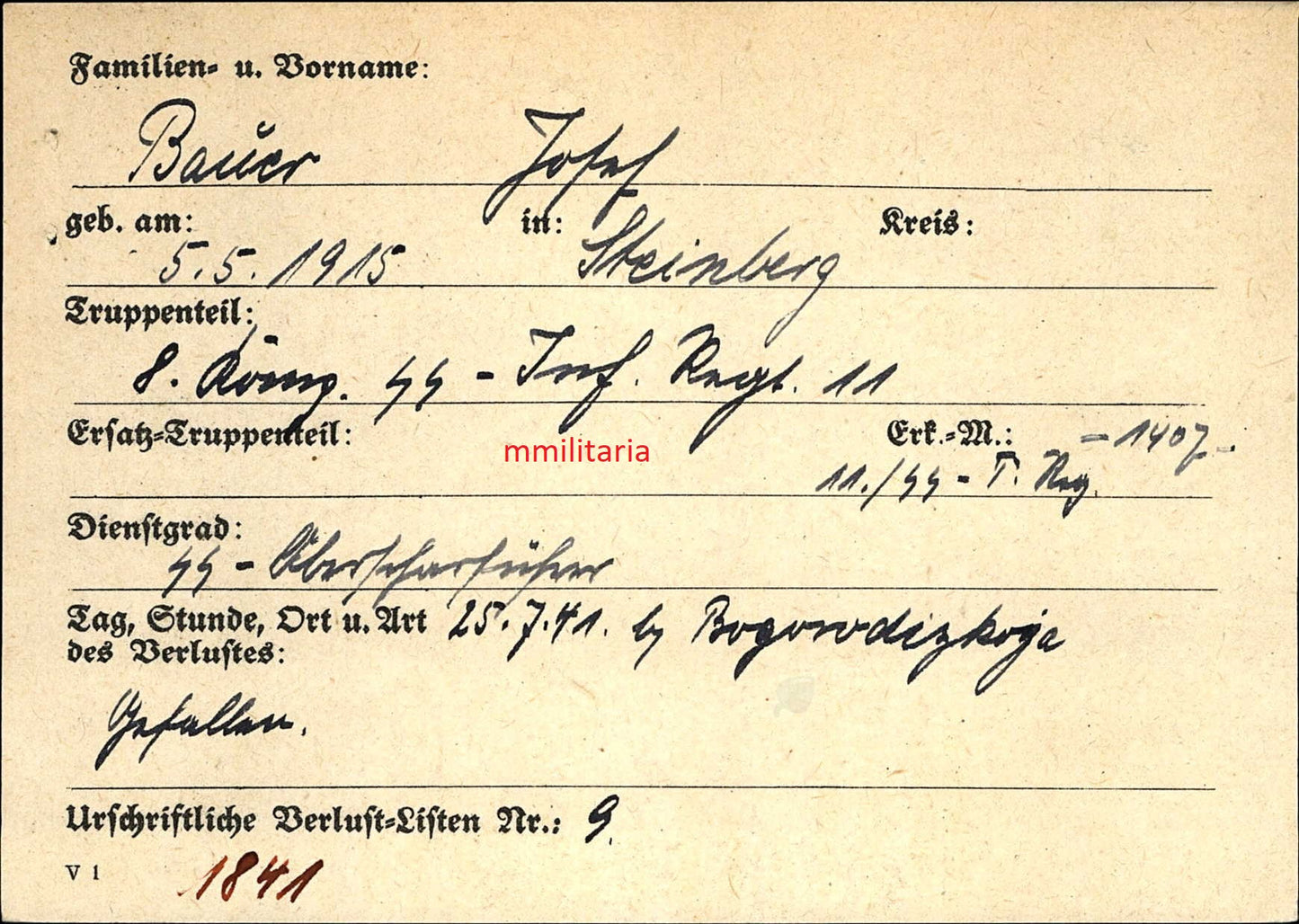 Sterbebild SS-Oberscharführer Steinberg 8. SS-Inf. Regt. 11 Totenkopfstandarte Bogorodizkoja Russland
