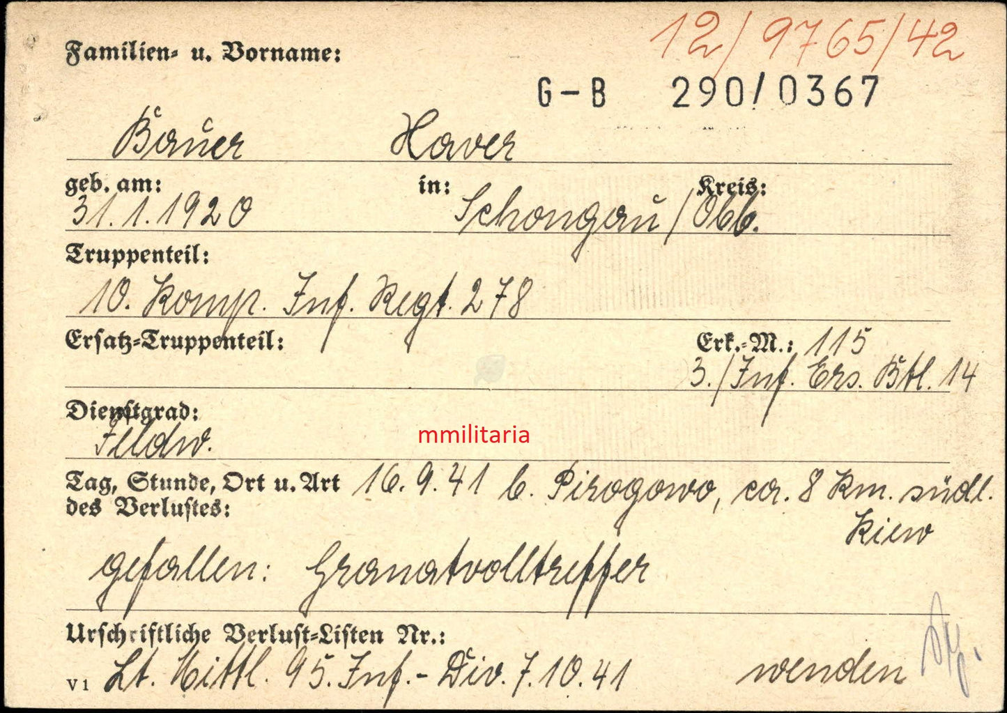 Sterbebild Feldwebel Schongau 10. Komp. Inf. Regt. 278 EK II Pirogowo Kiew Ukraine