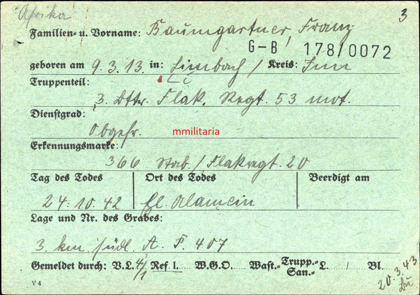 Sterbebild Obergefreiter 3. Batterie Flak Regt 53 Mot DAK Dt-Ital. Kampfabzeichen El Alamein Ägypten Afrika