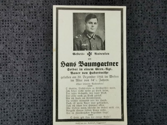 Sterbebild Schütze Grenadier Regt. Ardennen Westen