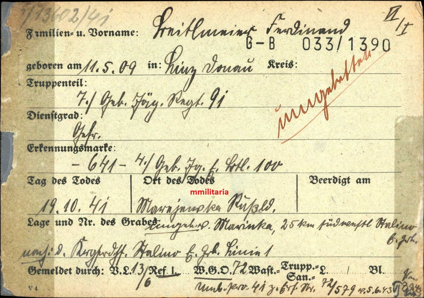Sterbebild Gefreiter Linz 7. Gebirgsjäger Regt. 91 Marijewka Stalino Ukraine - www.mmilitaria.com