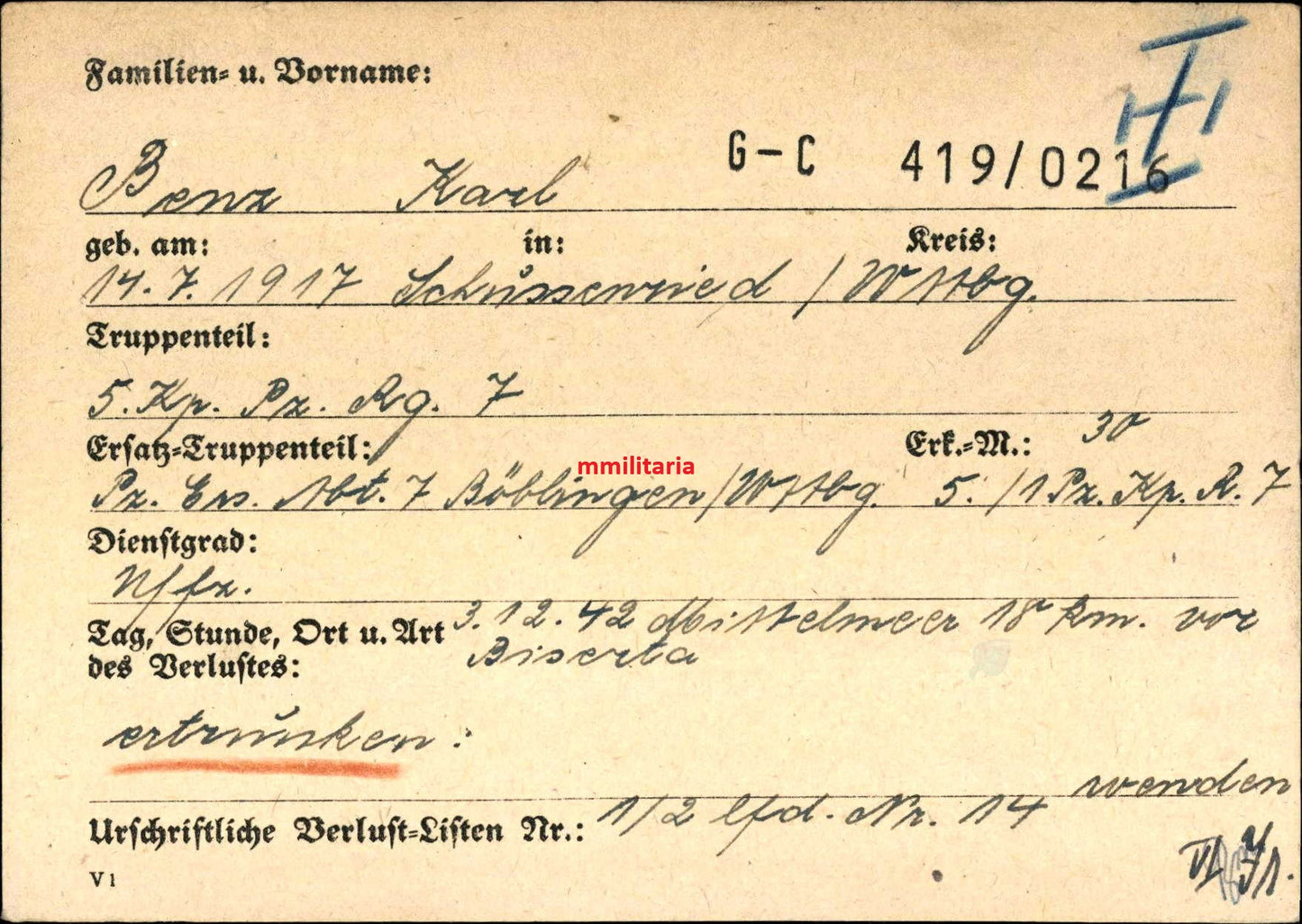 Sterbebild Unteroffizier Schussenried 5. Komp. Panzer Regt. 7 DAK Bizerta Tunesien Afrika - www.mmilitaria.com