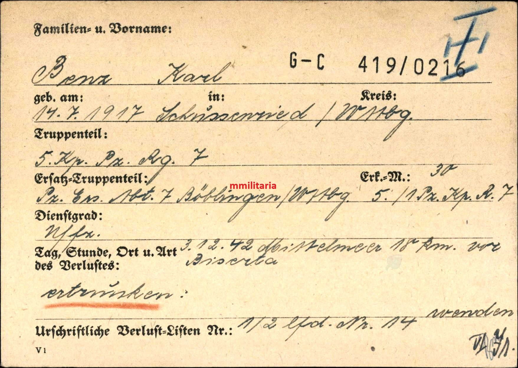 Sterbebild Unteroffizier Schussenried 5. Komp. Panzer Regt. 7 DAK Bizerta Tunesien Afrika - www.mmilitaria.com