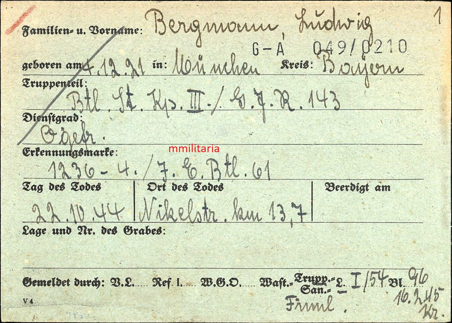 Sterbebild Obergefreiter München Btl. Stabs Komp. III Geb. Jäger Regt. 143 Nickelstrasse Kirkenes Norwegen