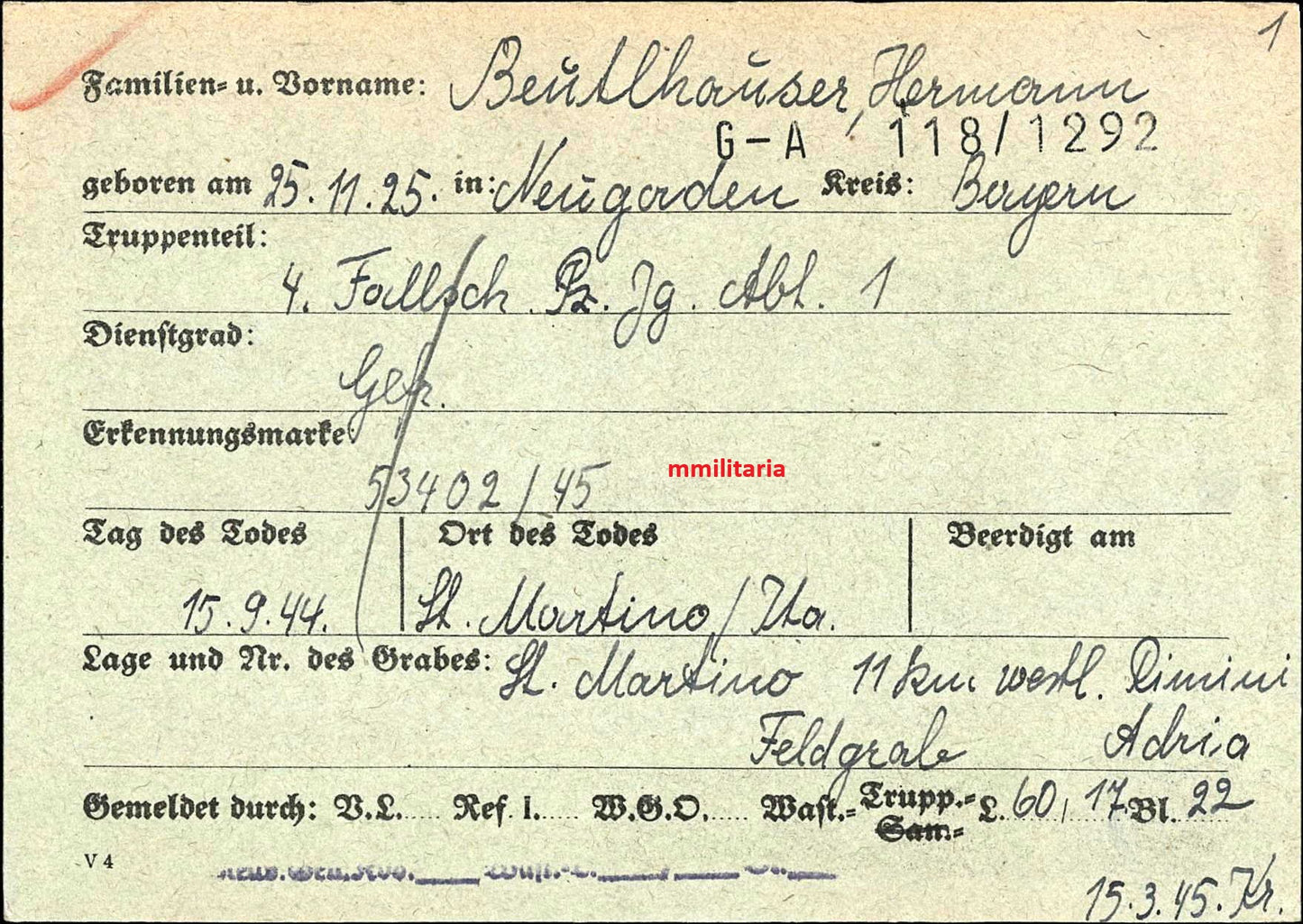 Sterbebild Gefreiter Fünfleiten 4. Fallschirm-Panzer-Jäger Abt. 1 Rimini Adria Italien - www.mmilitaria.com