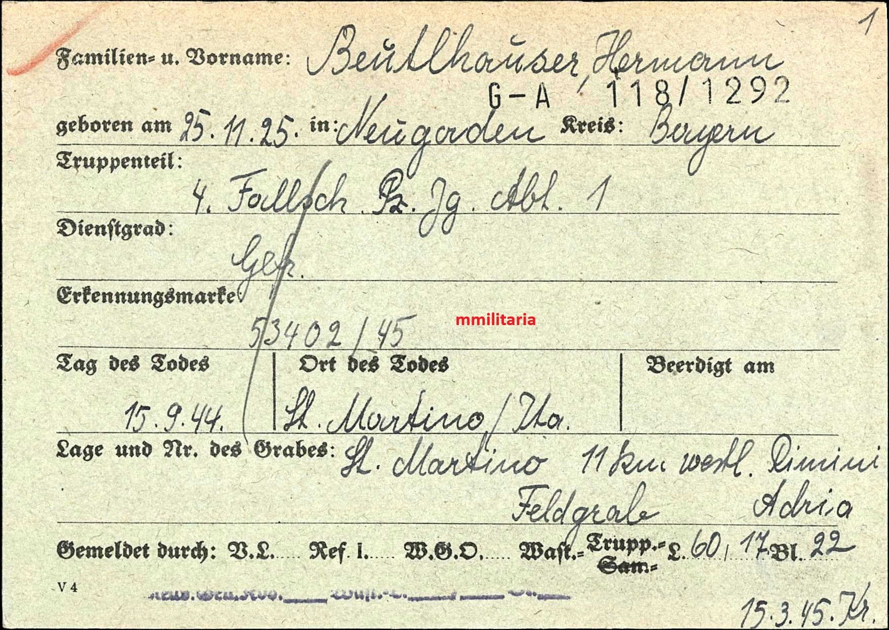 Sterbebild Gefreiter Fünfleiten 4. Fallschirm-Panzer-Jäger Abt. 1 Rimini Adria Italien - www.mmilitaria.com