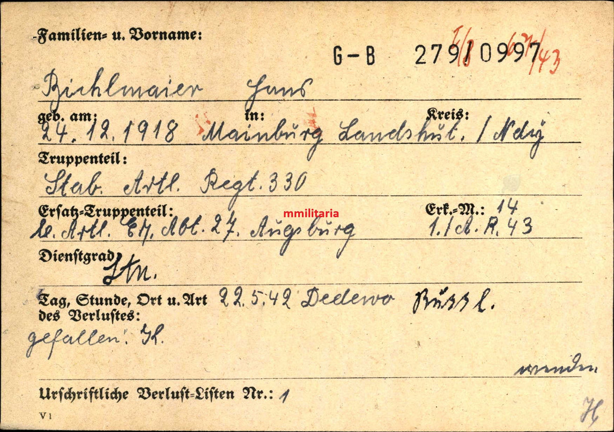 Sterbebild Leutnant Mainburg Stab Artillerie Regt. 330 Partisanenkampf Dedewo Russland