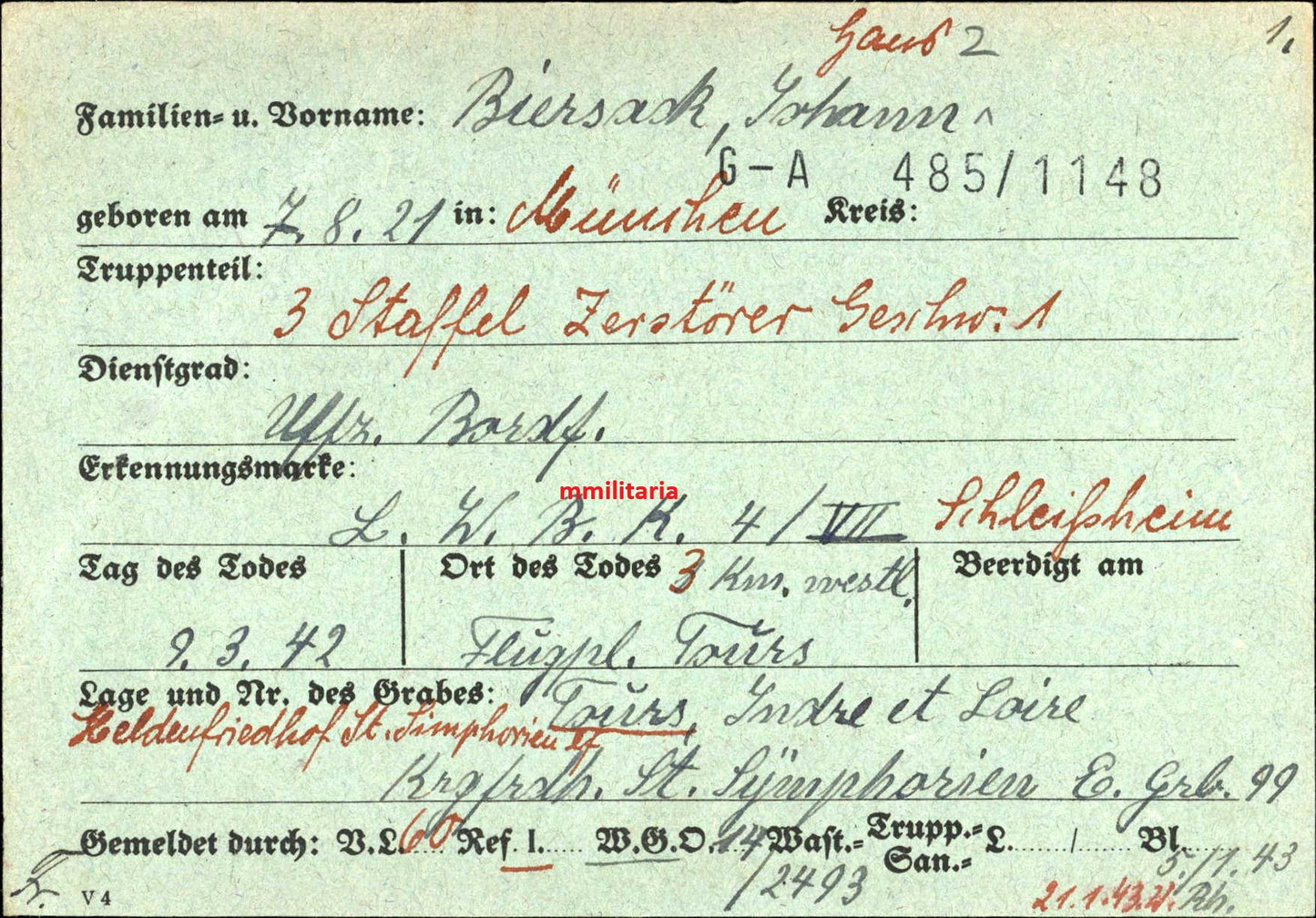 Sterbebild Unteroffizier München Bordfunker 3./ZG-1 Tours Huisnes-sur-Mer Frankreich