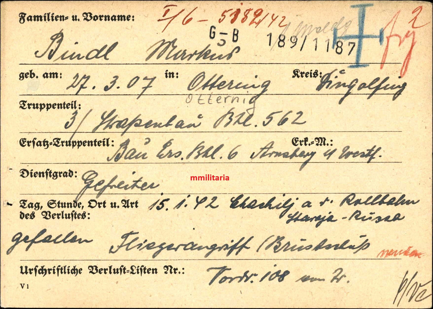 Sterbebild Gefreiter Ottering Pionier 3. Straßenbau-Btl. 562 Rollbahn Staraja-Russa Russland - www.mmilitaria.com