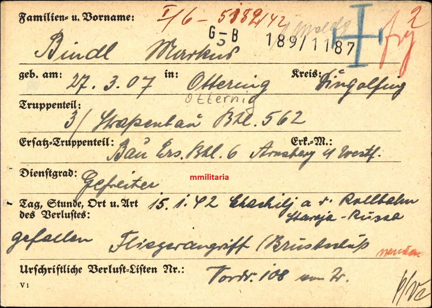 Sterbebild Gefreiter Ottering Pionier 3. Straßenbau-Btl. 562 Rollbahn Staraja-Russa Russland - www.mmilitaria.com