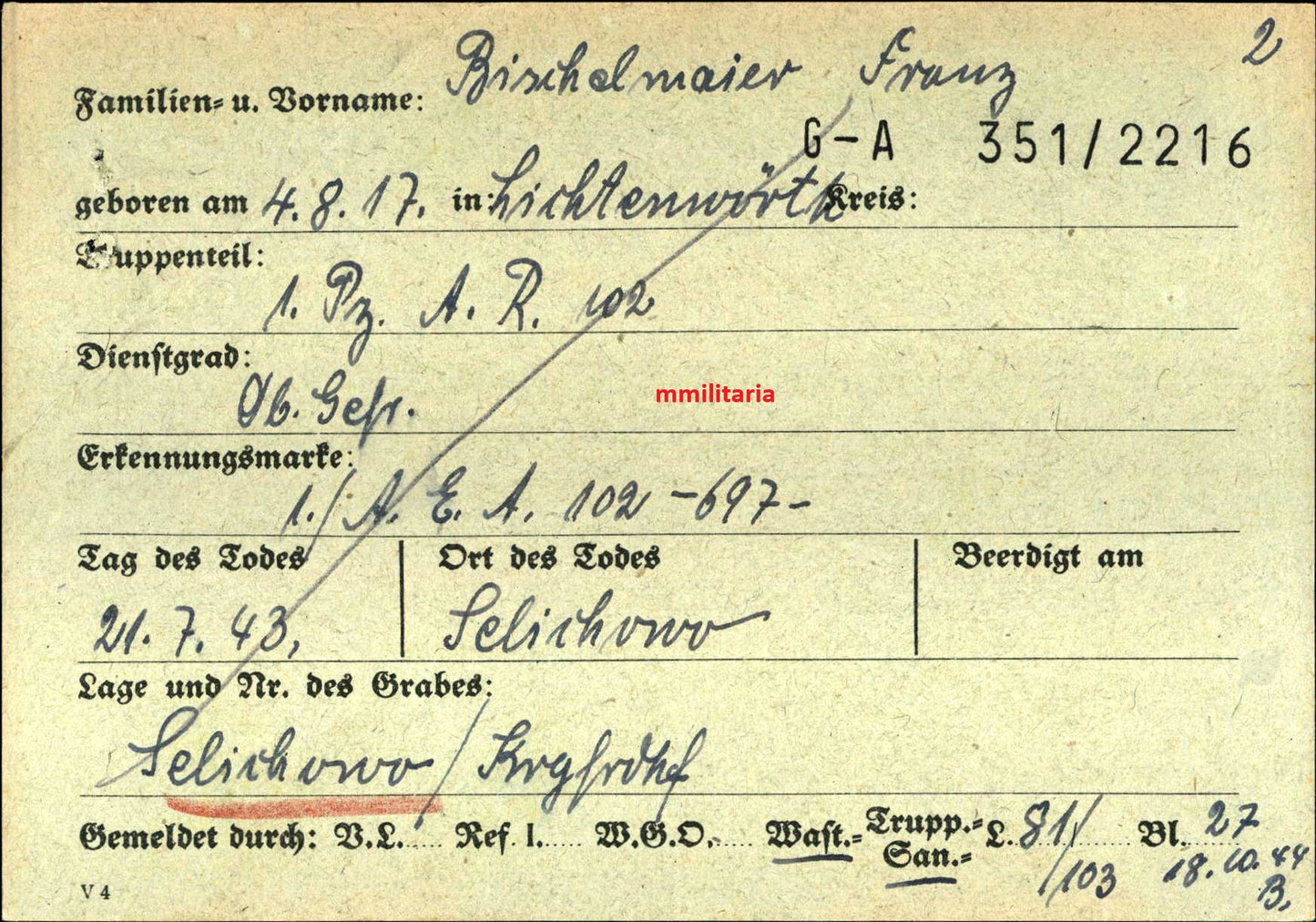 Sterbebild Obergefreiter Lichtenwörth 1. Panzer Art. Regt. 102 Rumänischer Orden Sudentmed. Sselichowo Russland