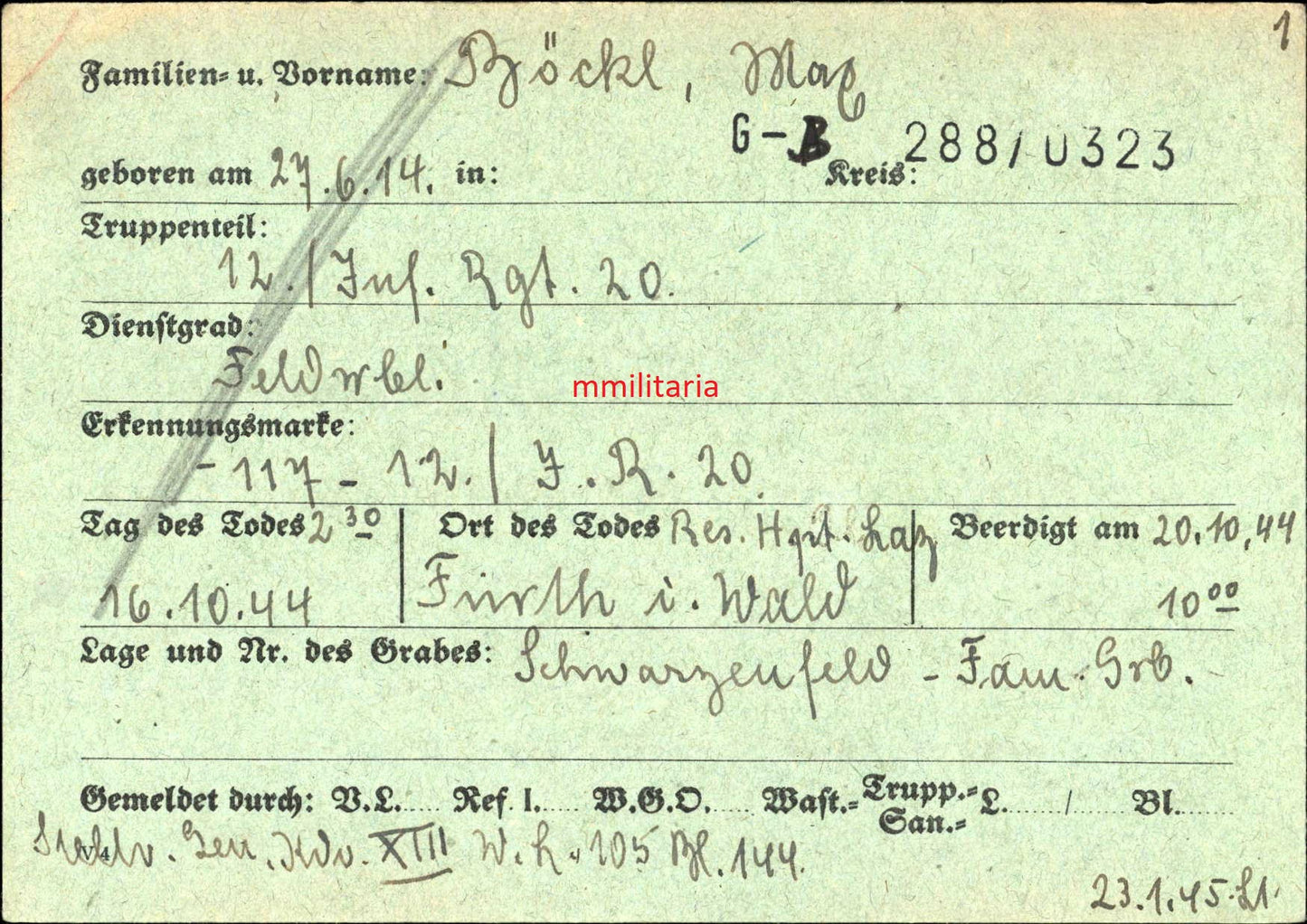 Sterbebild Feldwebel 12. Inf. Regt. 20 EK I & II Lazarett Furth im Wald