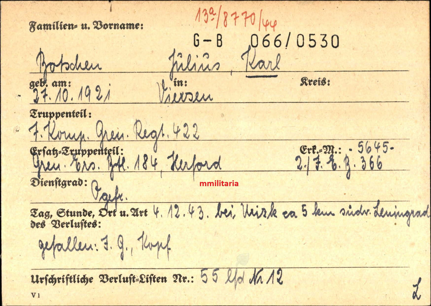 Sterbebild Obergefreiter Viersen 7. Komp. Gren. Regt. 422 Leningrad Russland