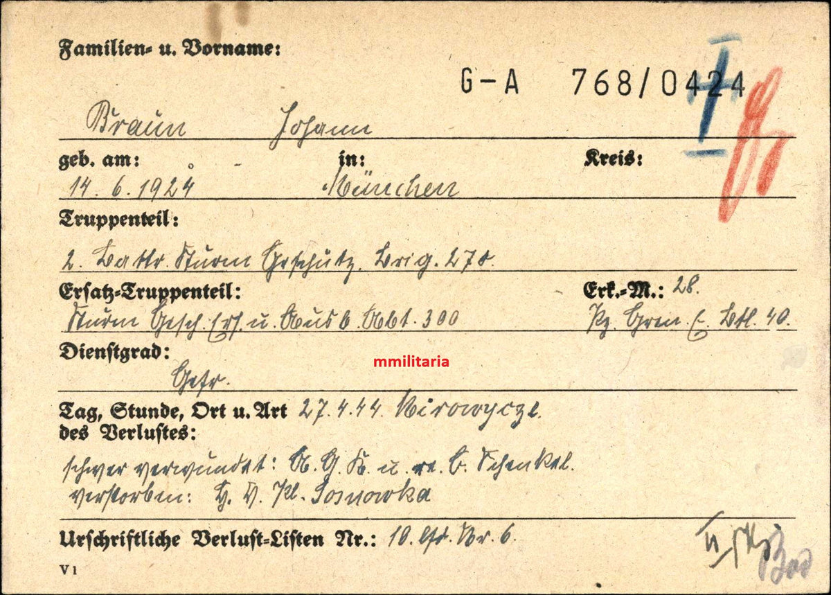 Sterbebild Gefreiter München 2. Batterie Sturm-Geschütz Brigade 270 Sosnowka Ukraine