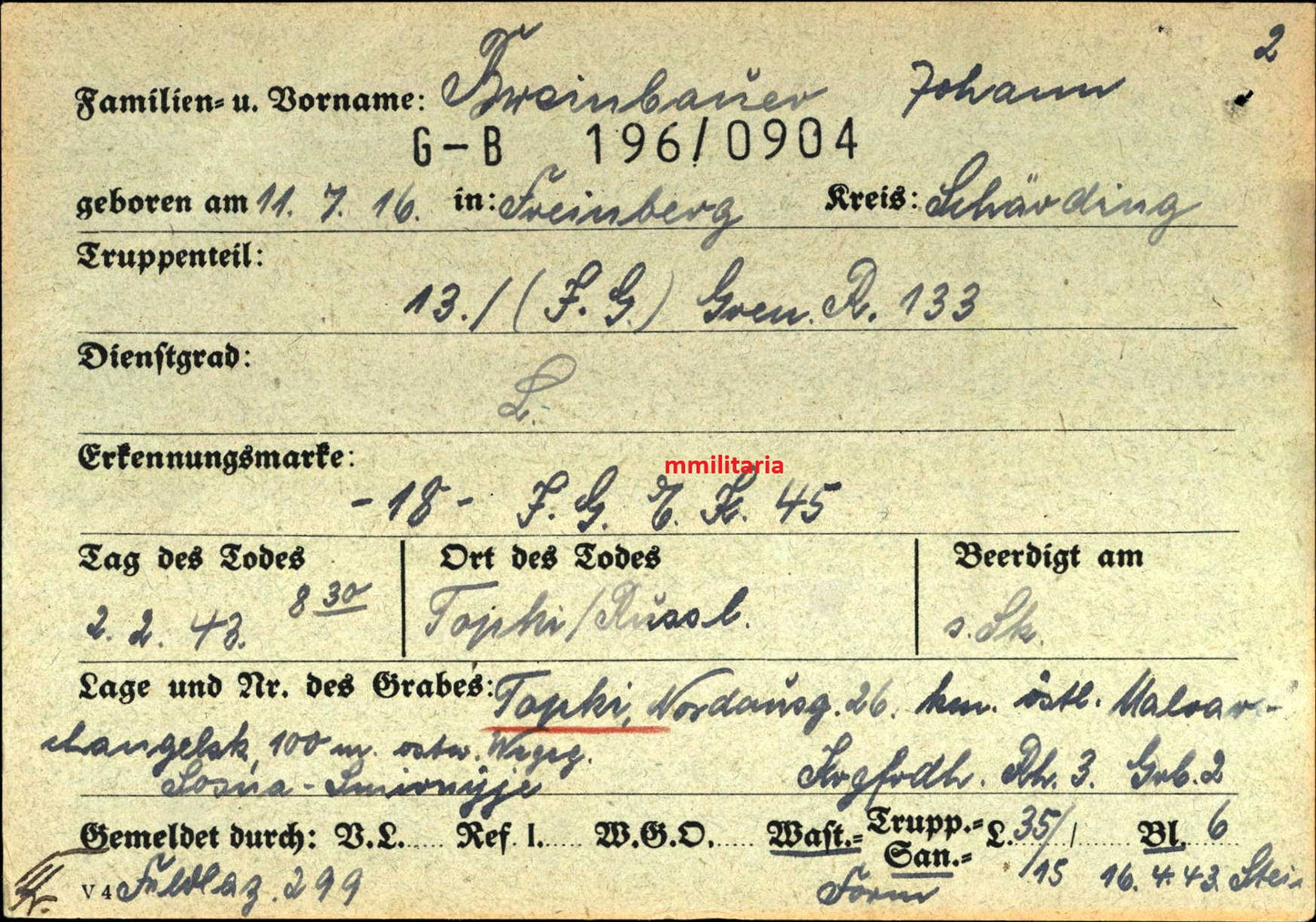 Sterbebild Leutnant Freinberg Zugführer 13. Komp. Gren. Regt. 133 Topki Russland - www.mmilitaria.com