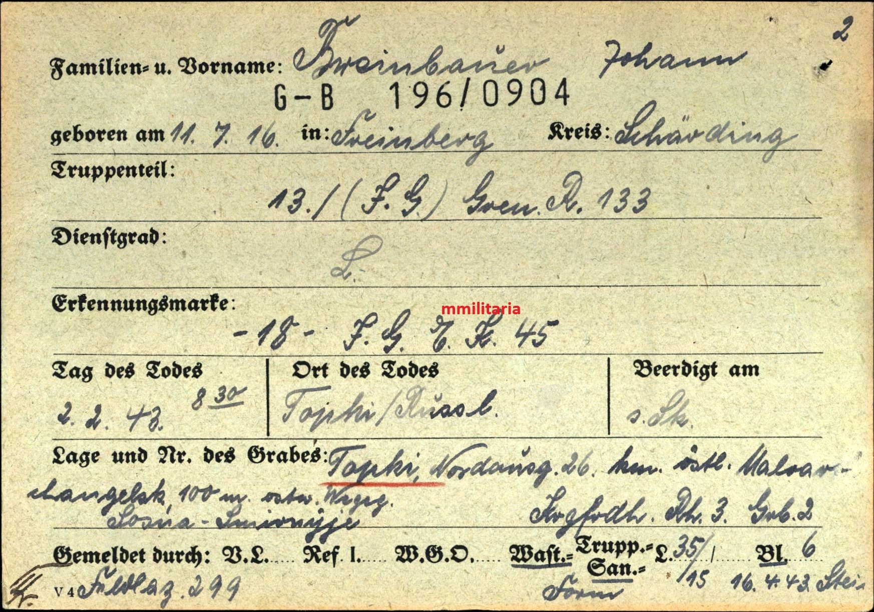 Sterbebild Leutnant Freinberg Zugführer 13. Komp. Gren. Regt. 133 Topki Russland - www.mmilitaria.com