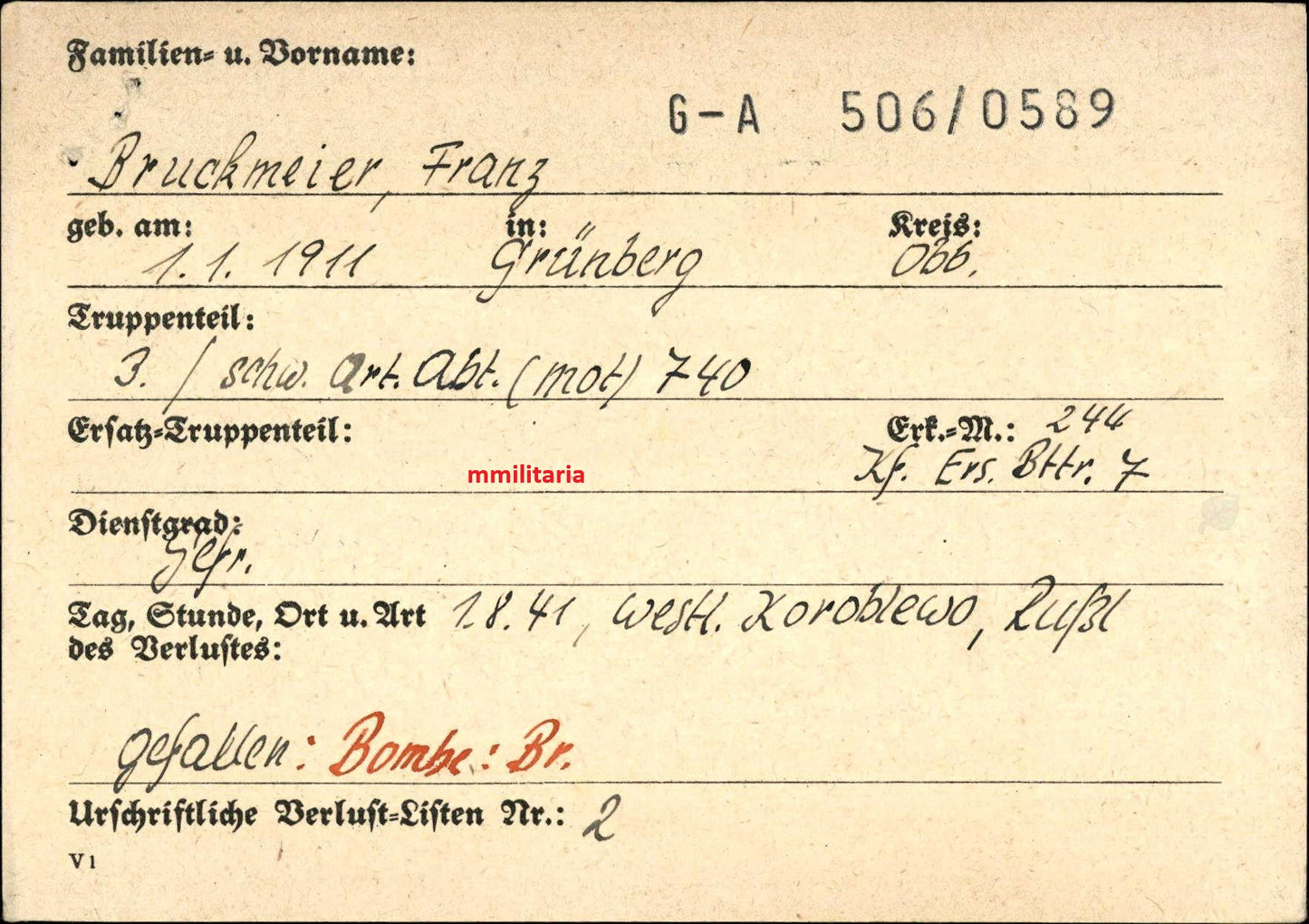 Sterbebild Gefreiter Grünberg 3. Schwere Art. Abt. (Mot) 740 Koroblewo Ukraine