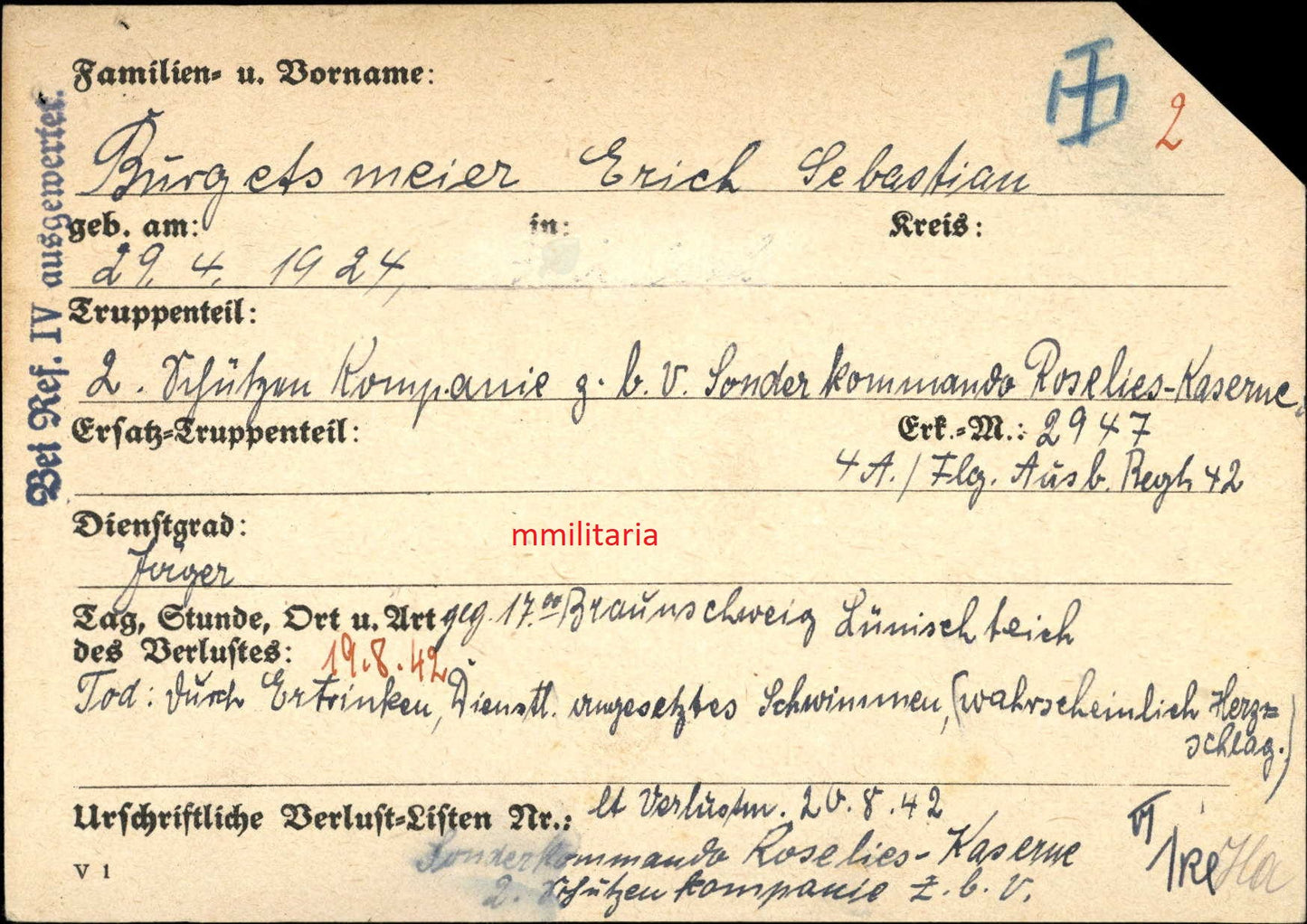 Sterbebild Schütze Neukirchen 2. Schützen-Komp. Z.B.V Sonderkommando Braunschweig