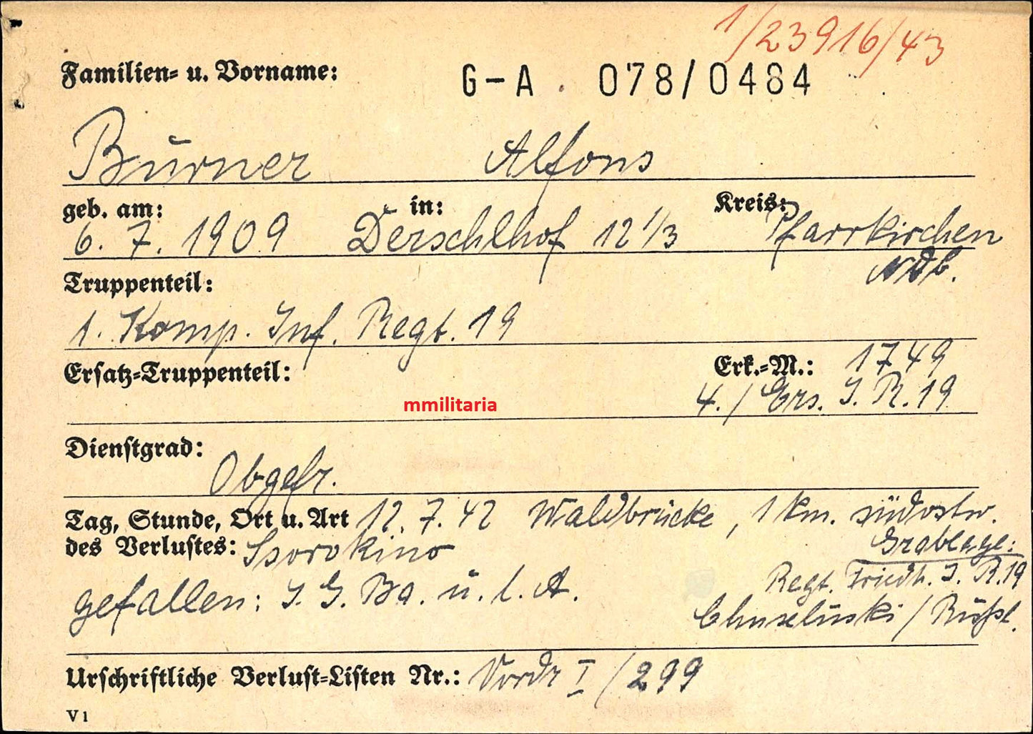 Sterbebild Obergefreiter Derschlhof 1. Komp. Inf. Regt. 19 Waldbrücke Ssorokino Russland