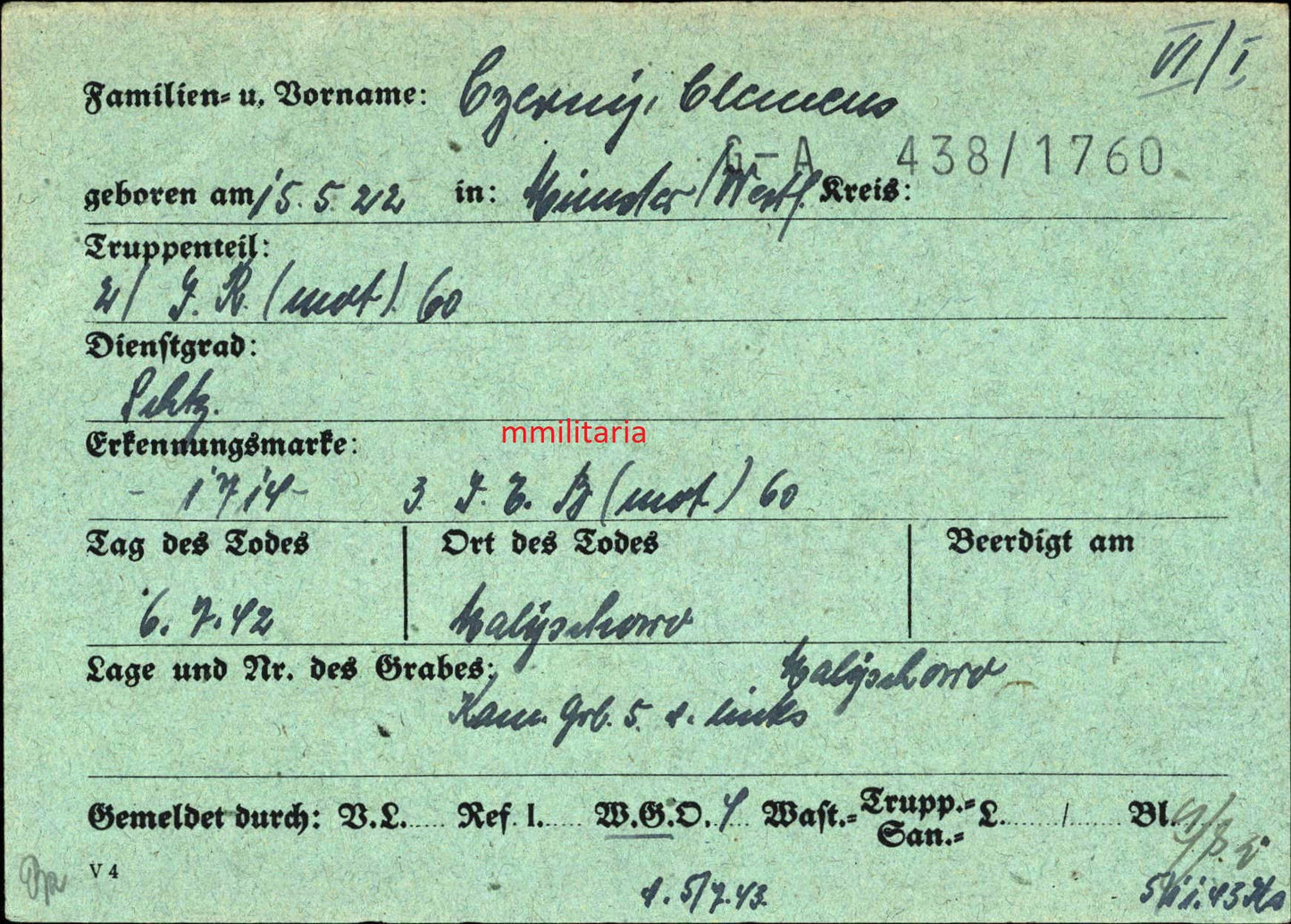 Sterbebild Schütze Münster 2. Inf. Regt. (Mot) 60 Malyschowo Kursk-Besedino Russland