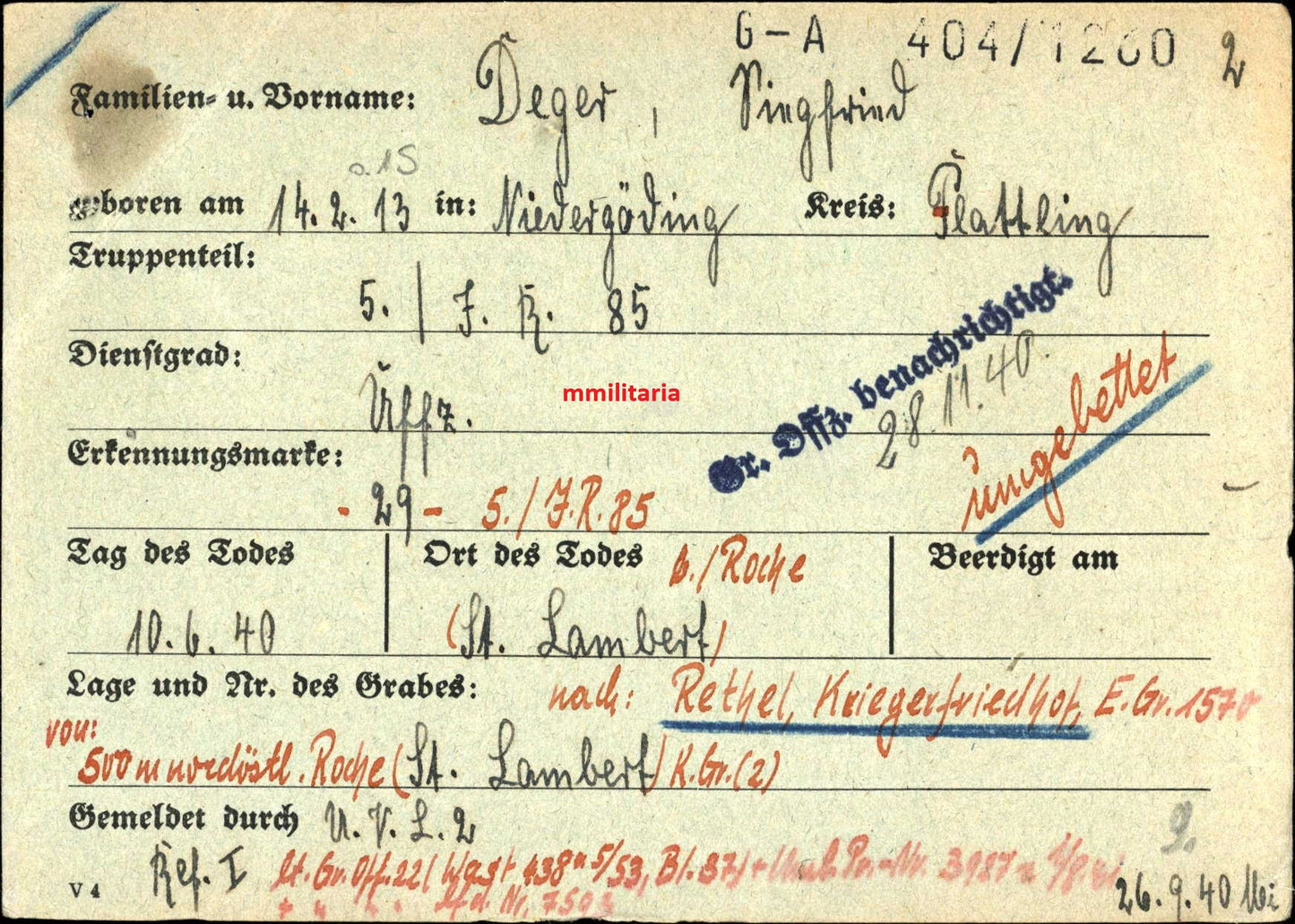 Sterbebild Unteroffizier Niederpöring 5. Inf. Regt. 85 Rilly St. Lambert Frankreich