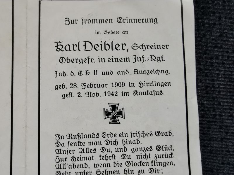 Sterbebild Obergefreiter 4. (MG) Komp. Inf. Regt. 421 EK II Kaukasus Russland