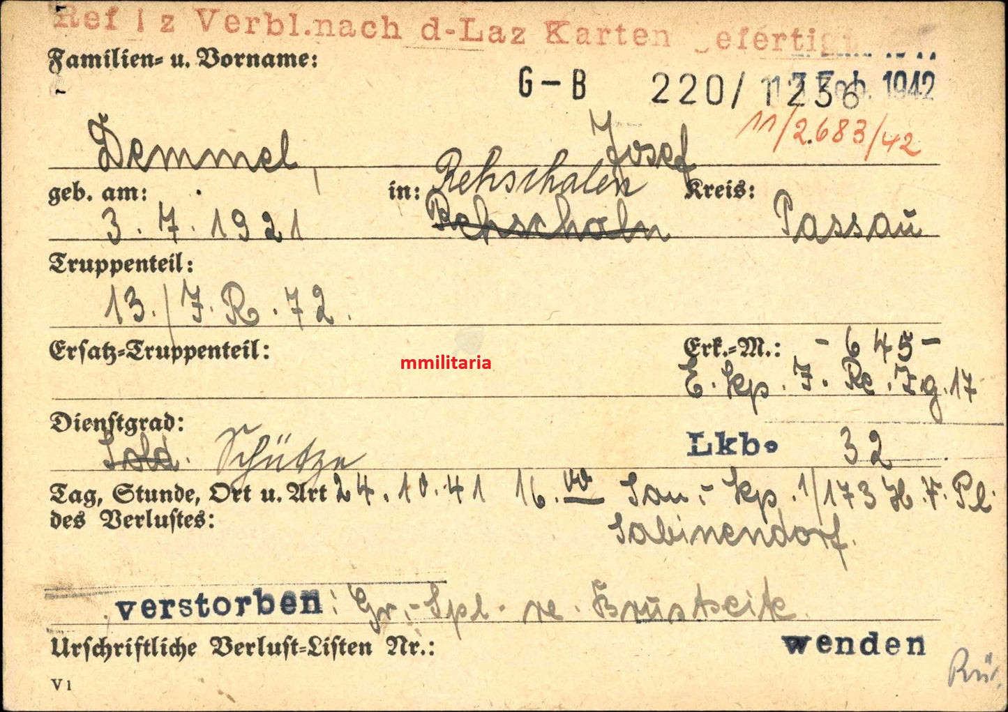 Sterbebild Schütze Rehschaln Reiter 13. Komp. Inf. Regt. 72 Russland - www.mmilitaria.com