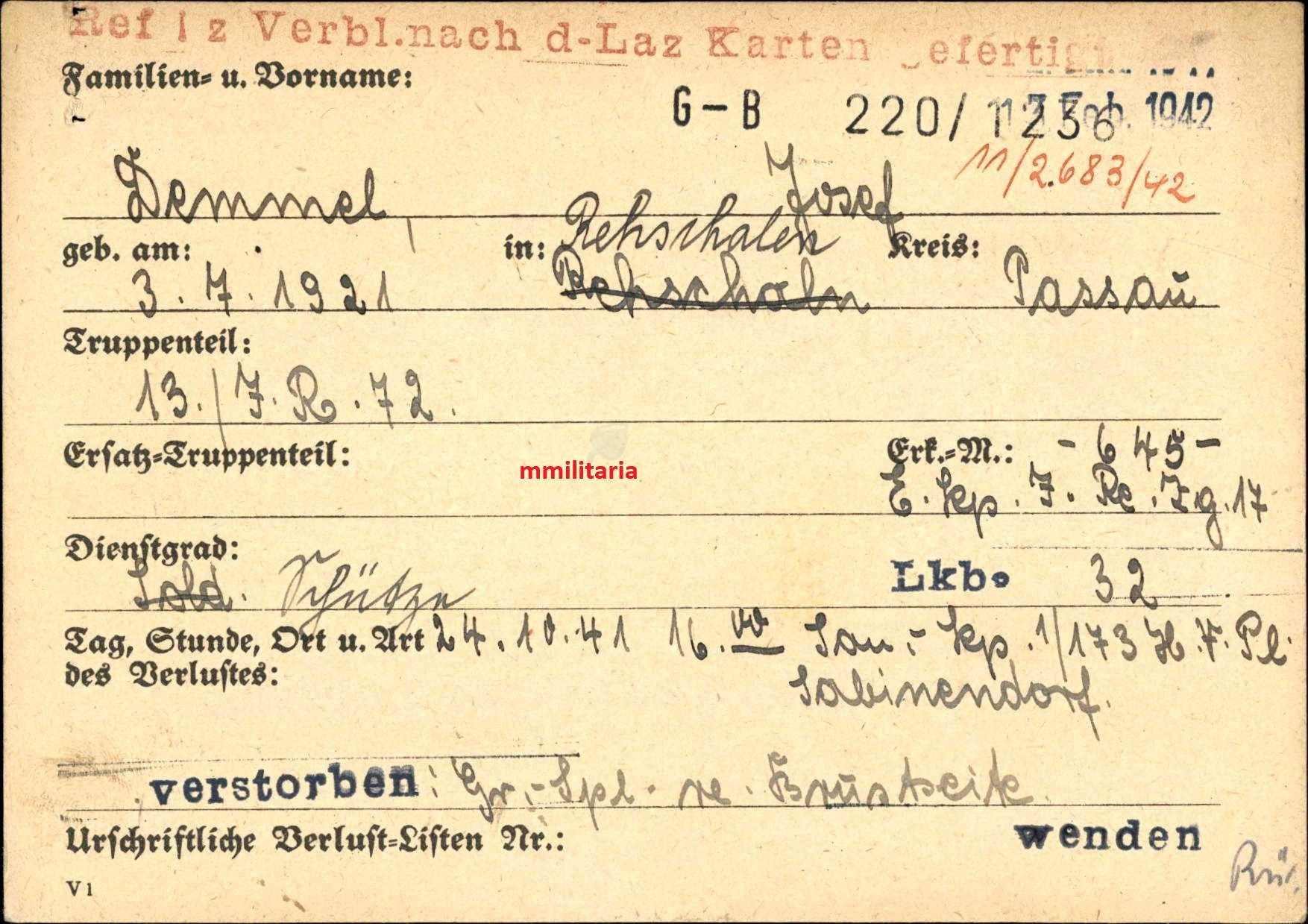 Sterbebild Schütze Rehschaln Reiter 13. Komp. Inf. Regt. 72 Russland - www.mmilitaria.com