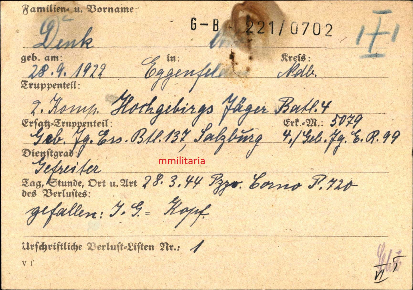 Sterbebild Gefreiter Eggenfelden 2. Komp. Hochgebirgs-Jäger Btl. 4 Cassino Italien