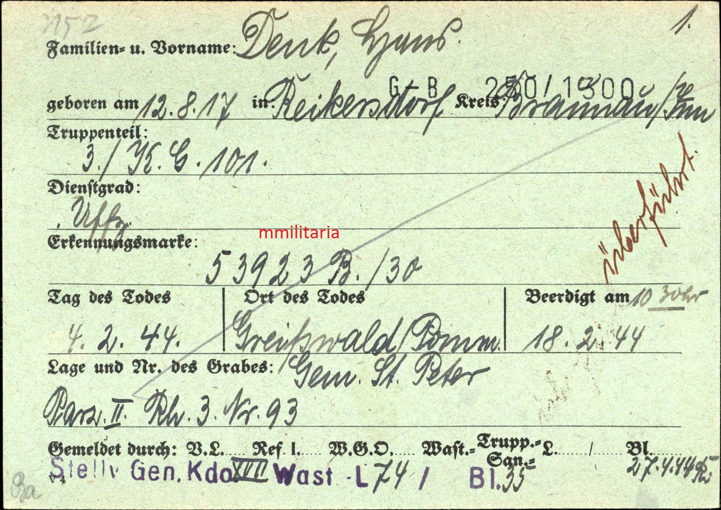 Sterbebild Unteroffizier Bordschütze Braunau 3. Kampfgeschwader 101 3/KG-101 Greifenwald Pommern