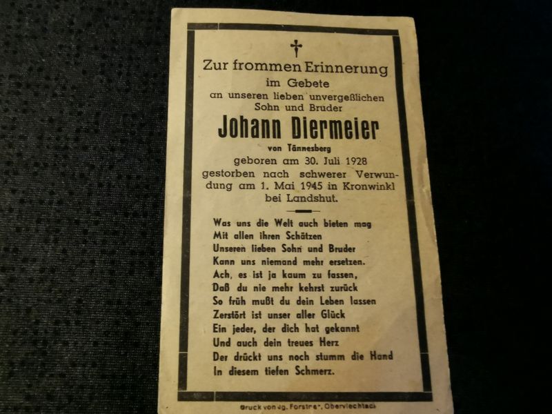 Sterbebild Gefreiter Volkssturm 17 Jahre Endkampf Mai 1945 Kronwinkl Landshut Bayern Deutschland