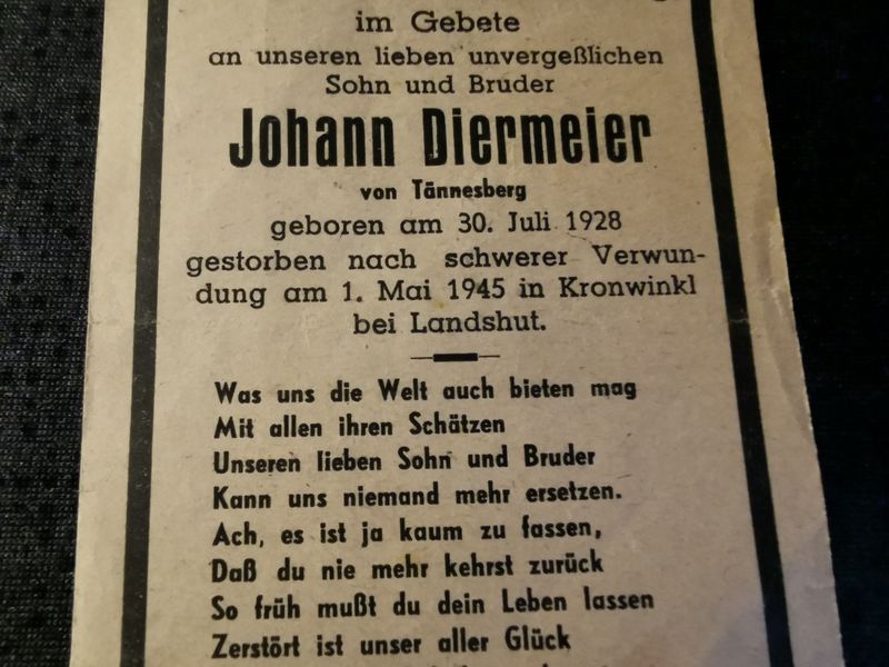 Sterbebild Gefreiter Volkssturm 17 Jahre Endkampf Mai 1945 Kronwinkl Landshut Bayern Deutschland