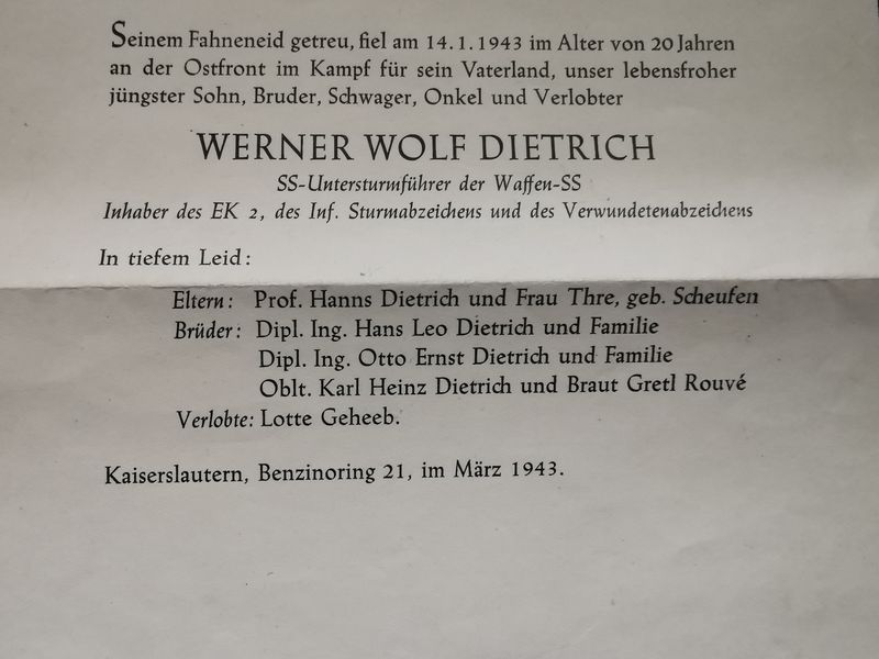 Sterbebild (Todesanzeige DIN A5) SS-Untersturmführer EK II VWA Kaiserslautern Ostfront