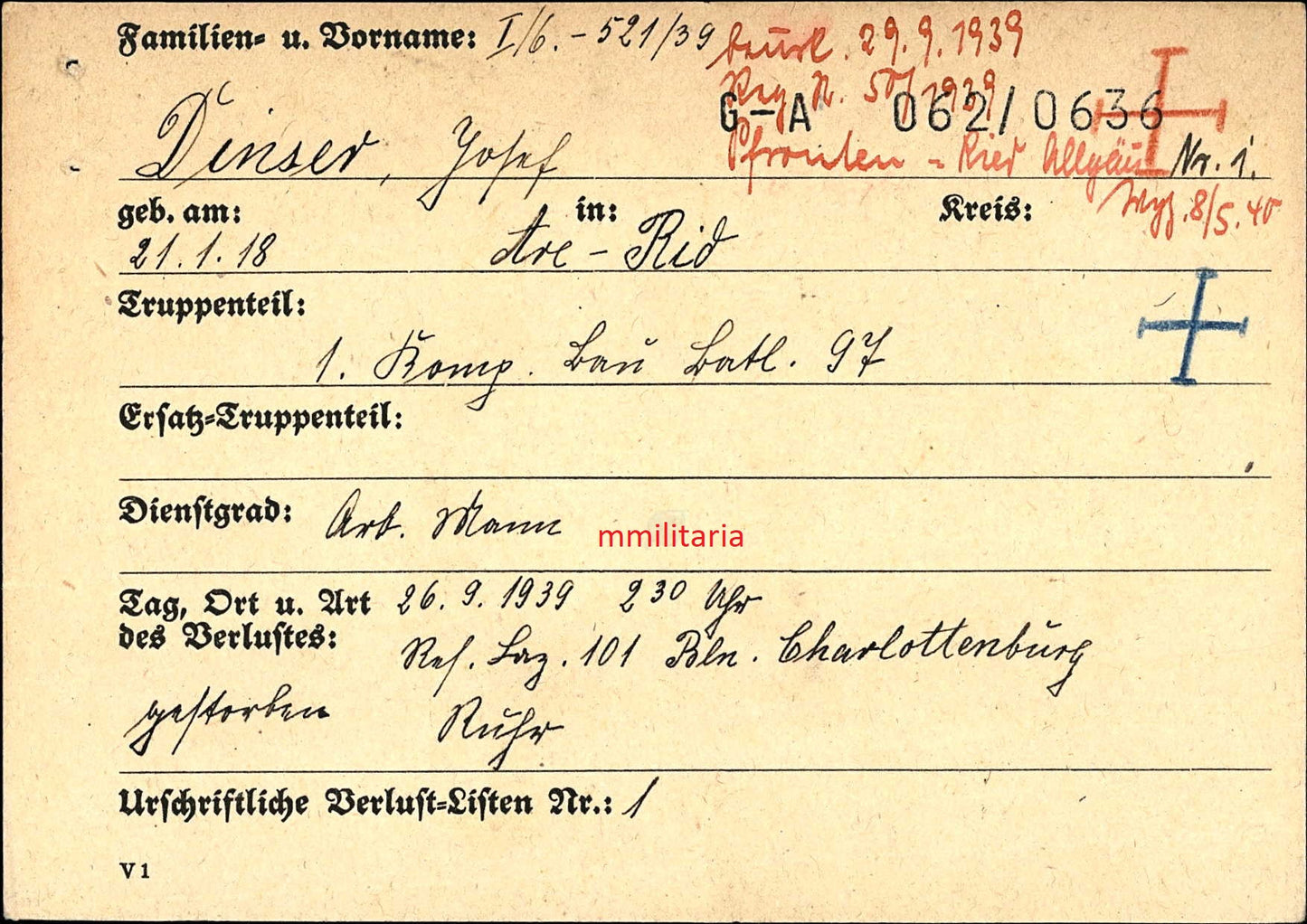 Sterbebild Arbeitsmann (RAD) Argelsried  1. Komp. Bau Btl. 97 Polen 1939 Berlin-Charlottenburg Deutschland