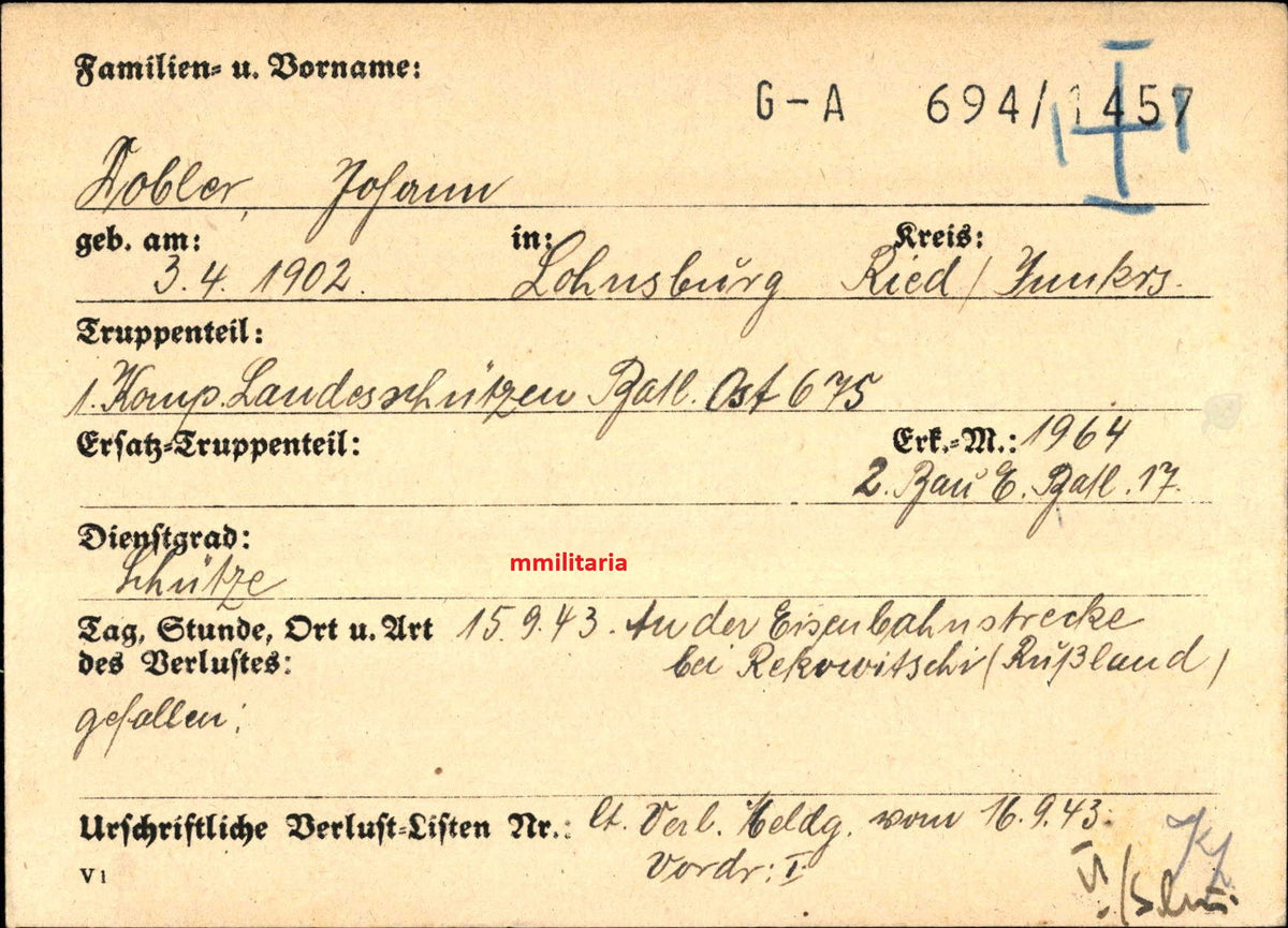Sterbebild Schütze Lohnsburg 1. Komp. Landesschützen Btl. 675 Rekowitschi Russland
