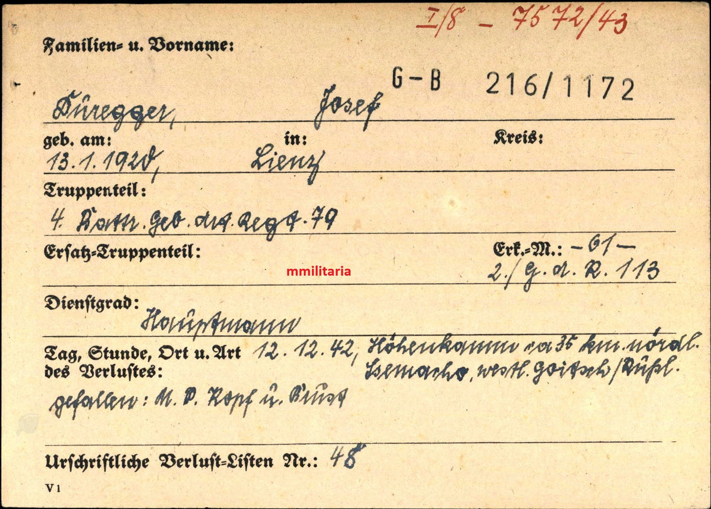 Sterbebild Hauptmann Lienz 4. Batterie Geb.-Art. Regt 79 Kaukasus Goitsch Russland - www.mmilitaria.com