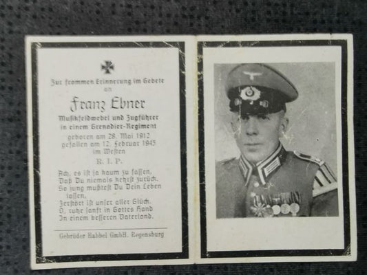 Sterbebild Musikfeldwebel Zugführer Grenadier Regt. Endkampf Westen Kleve-Donsbrüggen Deutschland