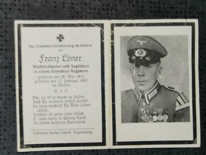 Sterbebild Musikfeldwebel Zugführer Grenadier Regt. Endkampf Westen Kleve-Donsbrüggen Deutschland