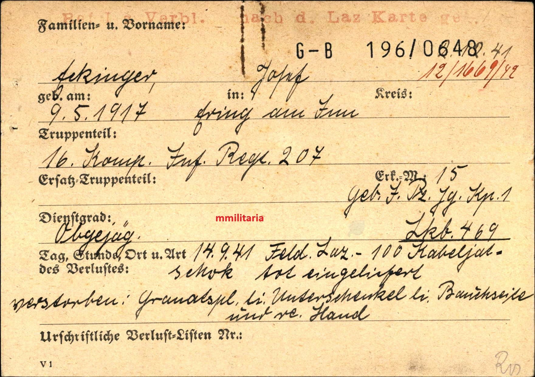 Sterbebild Unteroffizier Ering am Inn 16. Komp. Inf. Regt. 207 Kabeljatschock Ukraine - www.mmilitaria.com