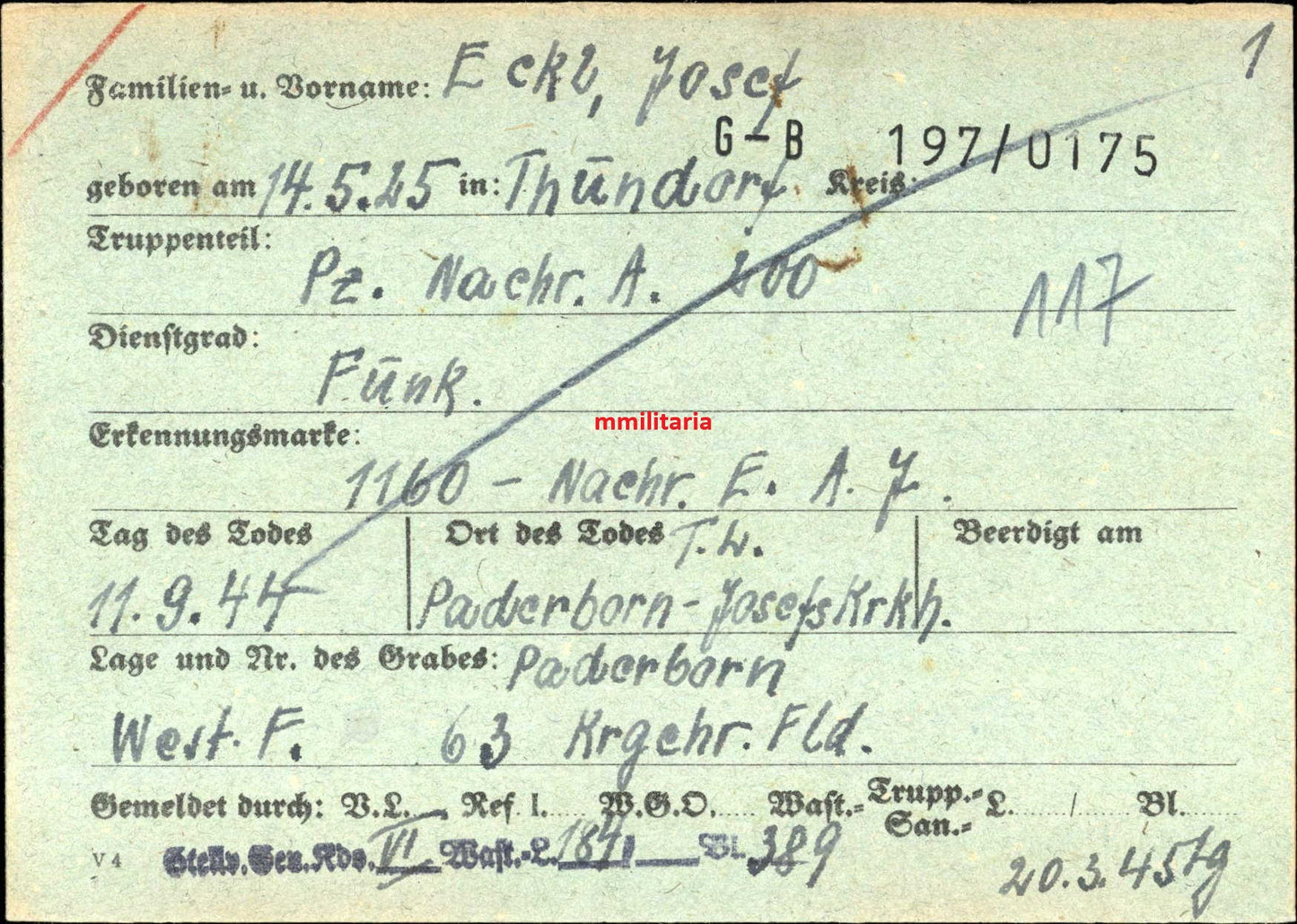 Sterbebild Funker Thundorf Panzer-Nachrichten Abt. 200 Paderborn Westen - www.mmilitaria.com