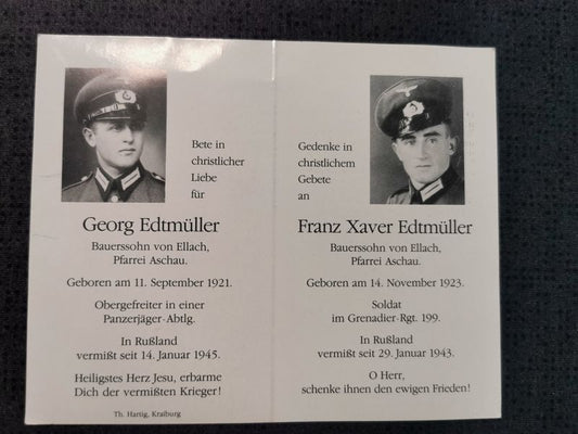 Sterbebild Brüder beide vermißt Obergefreiter Panzerjäger Abt. Schütze Grenadier Regt. 199 "List" Russland