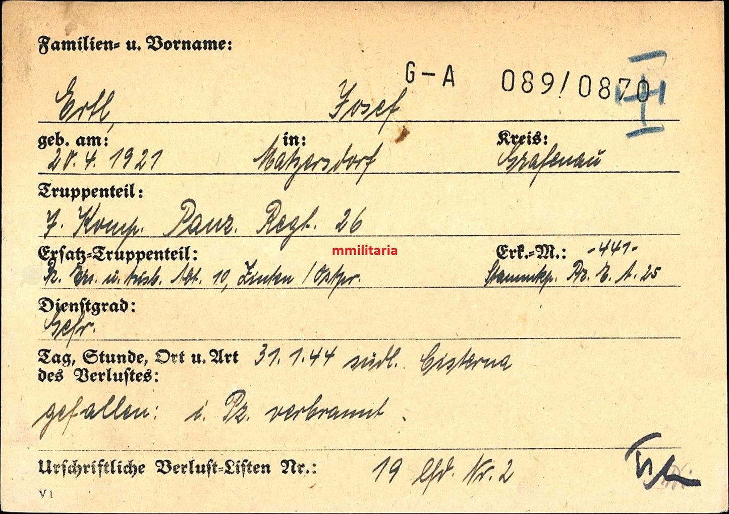 Sterbebild Gefreiter Matzersdorf 7. Komp. Panzer Regt. 26 Cisterna Nettuno Italien