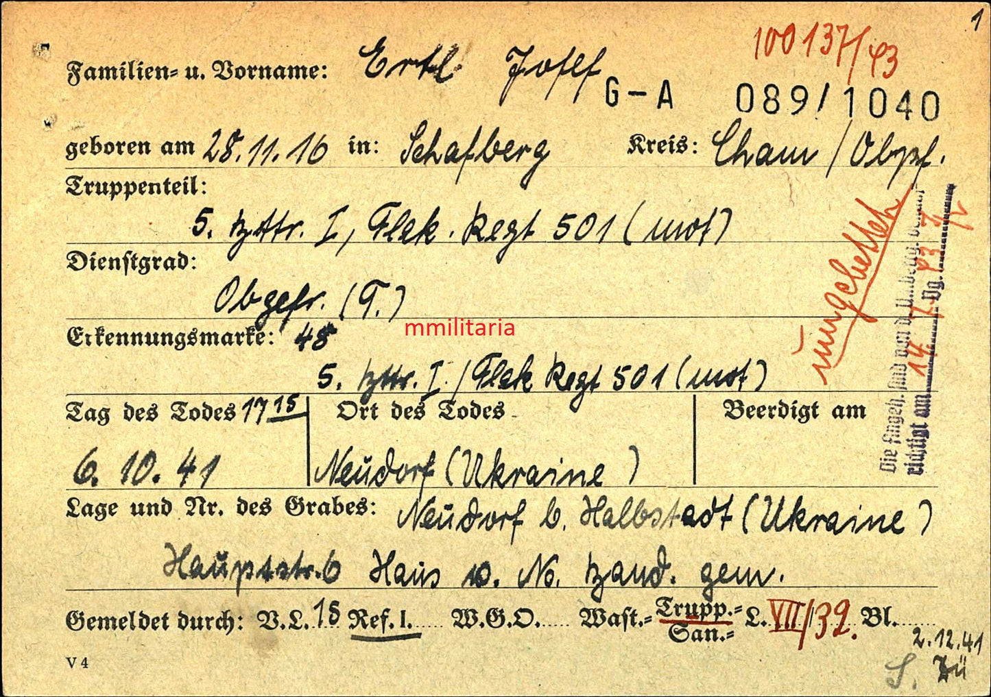 Sterbebild Obergefreiter Schafberg 5. Batterie Flak Regt. 501 Neudorf Ukraine