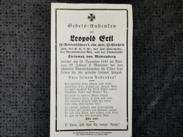 Sterbebild SS-Rottenführer Medernberg Stabskomp. SS-Panzer Gren. Regt. 40 EK II ISA Moschna Russland