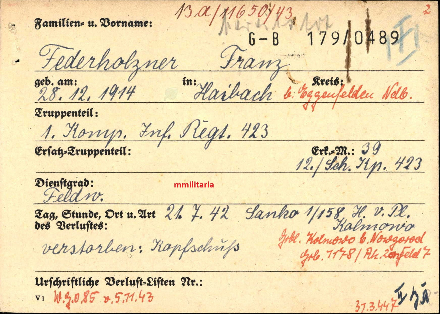 Sterbebild Feldwebel Haibach 1. Komp. Inf. Regt. 423 Zugführer H.V.Pl. Kolmowo Russland - www.mmilitaria.com