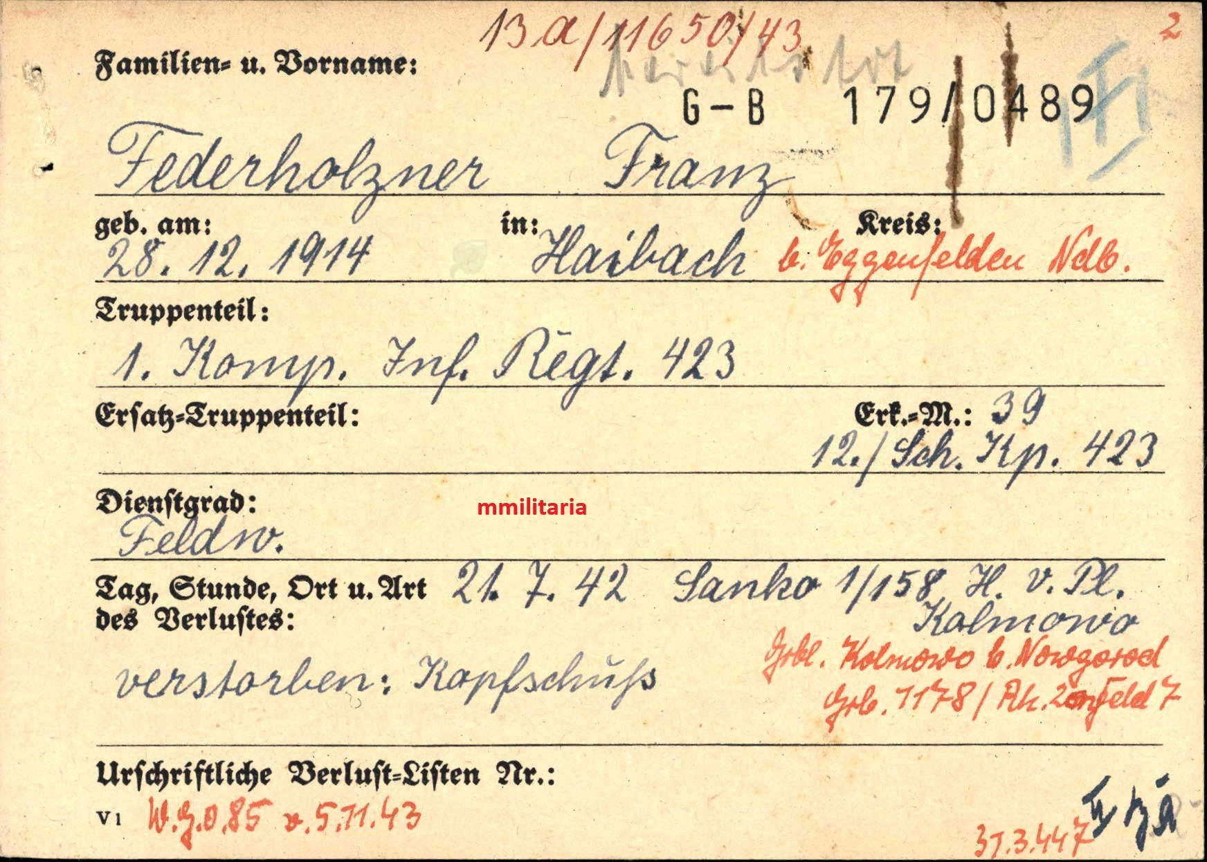 Sterbebild Feldwebel Haibach 1. Komp. Inf. Regt. 423 Zugführer H.V.Pl. Kolmowo Russland - www.mmilitaria.com
